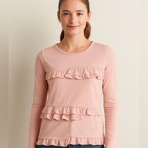 🌺👚 NEW J.Crew Pink Ruffle Long Sleeve Tee S 6 Girly Soft Cotton Cute Boho Top